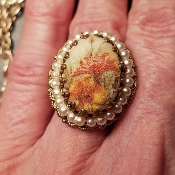 West German Transferware Floral Set Necklace Ring Earrings - Picture 2 of 6